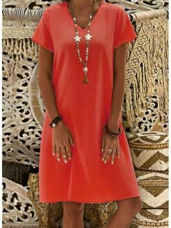 Women's Casual Dress Casual Dress Shift Dress Pure Color Pocket V Neck Midi Dress Basic Daily Vacation Short Sleeve Loose Fit Black Yellow Light Green Summer Spring S M L XL XXL -LIGHTINTHEBOX Shop wwphvd1693540121616