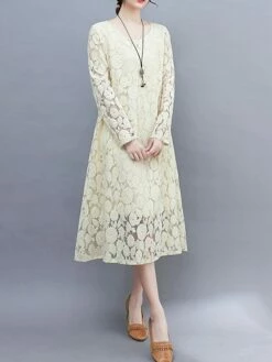 Women's Work Dress Lace Dress Black Dress Fashion Midi Dress Lace Pocket Crew Neck Long Sleeve Plain Loose Fit Black White Pink Fall M L XL XXL 3XL -LIGHTINTHEBOX Shop wwyosa1693281263010