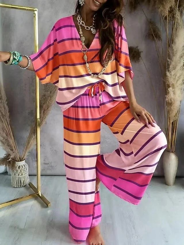 Women's Shirt Pants Sets Pink Red Blue Gradient Striped Abstract Drawstring Print Short Sleeve Casual Daily Daily Basic V Neck Regular Fit Fall & Winter 3 Women's Shirt Pants Sets Pink Red Blue Gradient Striped Abstract Drawstring Print Short Sleeve Casual Daily Daily Basic V Neck Regular Fit Fall & Winter