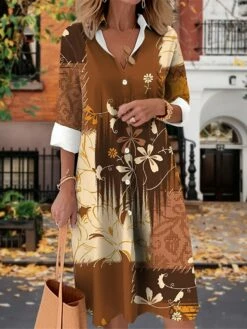 Women's Shirt Dress Casual Dress Midi Dress Outdoor Daily Date Polyester Fashion Modern Shirt Collar Button Pocket Long Sleeve Fall Winter 2023 Loose Fit Brown Khaki Gray Leaf Floral Geometric S M L -LIGHTINTHEBOX Shop wyxyfb1697510547871