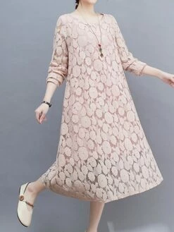 Women's Work Dress Lace Dress Black Dress Fashion Midi Dress Lace Crew Neck Long Sleeve Plain Loose Fit Black White Pink Fall Winter M L XL XXL 3XL -LIGHTINTHEBOX Shop wzdrew1693300599497