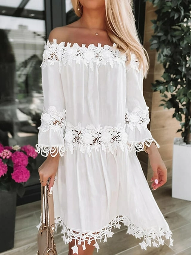Women's Casual Dress Lace Dress Shift Dress Plain Tassel Fringe Lace Off Shoulder Midi Dress Basic Fashion Outdoor Daily 3/4 Length Sleeve Loose Fit White Spring Summer S M L XL XXL 4 Women's Casual Dress Lace Dress Shift Dress Plain Tassel Fringe Lace Off Shoulder Midi Dress Basic Fashion Outdoor Daily 3/4 Length Sleeve Loose Fit White Spring Summer S M L XL XXL - Image 2