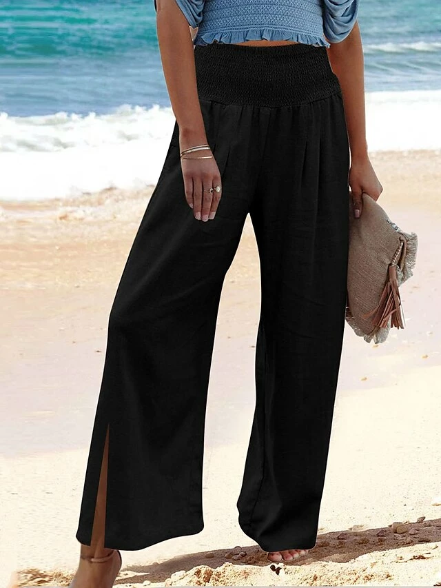 Women's Wide Leg Linen Pants Pants Trousers Full Length Faux Linen Side Pockets Wide Leg Fashion Casual Daily Black White S M 4 Women's Wide Leg Linen Pants Pants Trousers Full Length Faux Linen Side Pockets Wide Leg Fashion Casual Daily Black White S M - Image 2