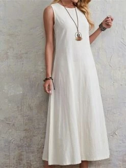 Women's Casual Dress Cotton Linen Dress White Dress Maxi Long Dress Cotton Blend Basic Casual Outdoor Daily Vacation Crew Neck Pocket Sleeveless Summer Spring 2023 Regular Fit White Khaki Plain S M L