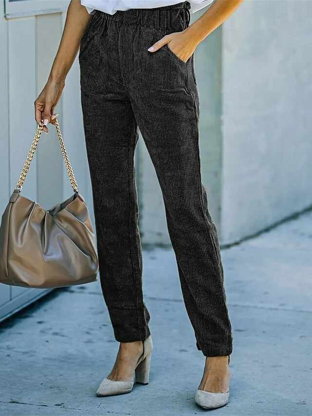 Women‘s Corduroy Pants Chinos Full Length Cotton Micro-elastic High Waist Fashion Streetwear Outdoor Street Black Dark Green S M Fall Winter 5 Women‘s Corduroy Pants Chinos Full Length Cotton Micro-elastic High Waist Fashion Streetwear Outdoor Street Black Dark Green S M Fall Winter - Image 3