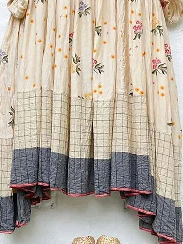 Women's Casual Dress Cotton Linen Dress Swing Dress Mini Dress Polyester Basic Casual Outdoor Daily Vacation Crew Neck Ruched Patchwork Half Sleeve Summer Spring Fall 2023 Regular Fit Khaki Plaid 5 Women's Casual Dress Cotton Linen Dress Swing Dress Mini Dress Polyester Basic Casual Outdoor Daily Vacation Crew Neck Ruched Patchwork Half Sleeve Summer Spring Fall 2023 Regular Fit Khaki Plaid - Image 3