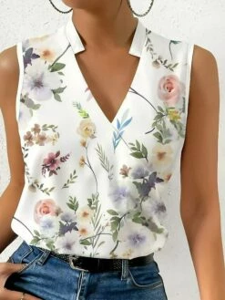Women's Tank Top White Red Royal Blue Floral Print Sleeveless Casual Holiday Fashion Basic Elegant V Neck Regular Fit Floral Sleeveless