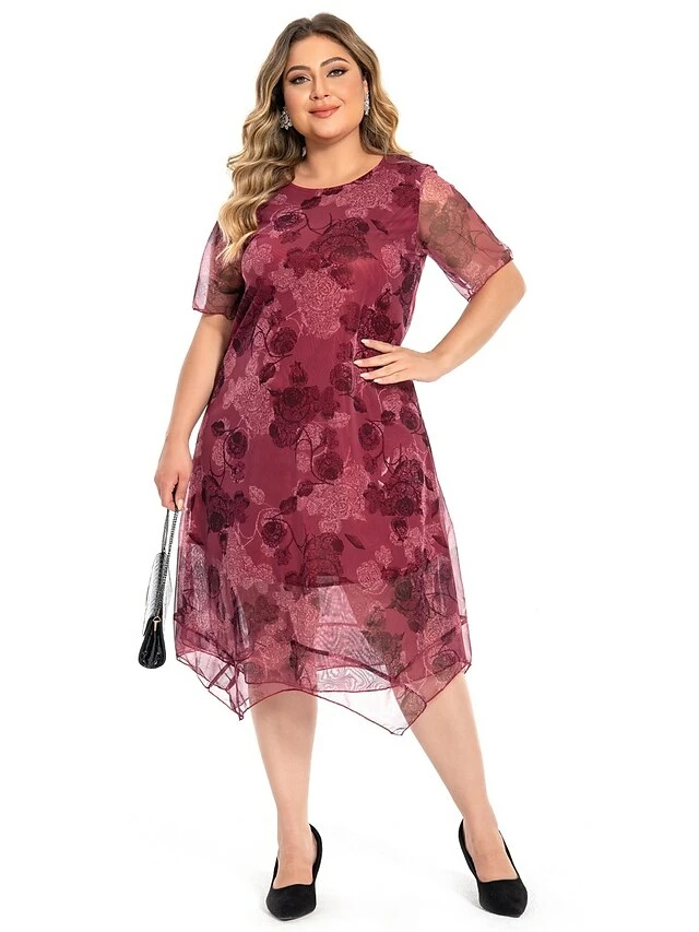 Women's Plus Size Party Dress Cocktail Dress Wedding Guest Dress Midi Dress Wine Blue Short Sleeve Floral Mesh Summer Spring Fall Crew Neck Fashion Wedding Guest Vacation Summer Dress 2023 L XL XXL 4 Women's Plus Size Party Dress Cocktail Dress Wedding Guest Dress Midi Dress Wine Blue Short Sleeve Floral Mesh Summer Spring Fall Crew Neck Fashion Wedding Guest Vacation Summer Dress 2023 L XL XXL - Image 2