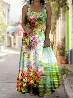 Women‘s Plus Size Curve Casual Dress Strap Dress Floral Coconut Tree Long Dress Maxi Dress Sleeveless Print Strap Fashion Outdoor Navy Blue Blue Summer Spring L XL XXL 3XL 4XL -LIGHTINTHEBOX Shop xdgwij1684480037941