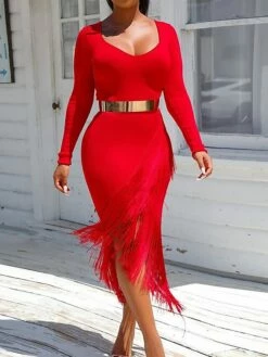 Women‘s Party Dress Wedding Guest Dress Fringe Dress Bodycon Midi Dress Black White Red Long Sleeve Pure Color Tassel Fringe Spring Fall Winter V Neck Fashion Winter Dress Vacation 2022 S M L XL XXL