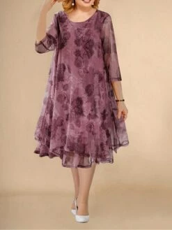 Women‘s Plus Size Curve Work Dress Swing Dress Semi Formal Dress Fashion Midi Dress Mesh Layered Crew Neck 3/4 Length Sleeve Floral Loose Fit Red Summer Spring L XL XXL 3XL 4XL