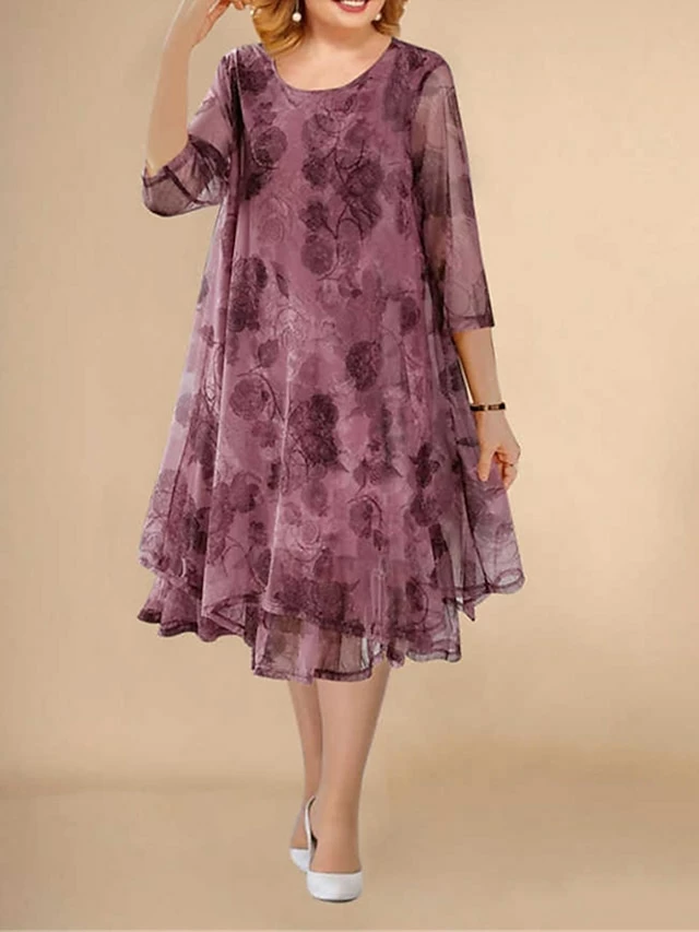 Women‘s Plus Size Curve Work Dress Swing Dress Semi Formal Dress Fashion Midi Dress Mesh Layered Crew Neck 3/4 Length Sleeve Floral Loose Fit Red Summer Spring L XL XXL 3XL 4XL 3 Women‘s Plus Size Curve Work Dress Swing Dress Semi Formal Dress Fashion Midi Dress Mesh Layered Crew Neck 3/4 Length Sleeve Floral Loose Fit Red Summer Spring L XL XXL 3XL 4XL