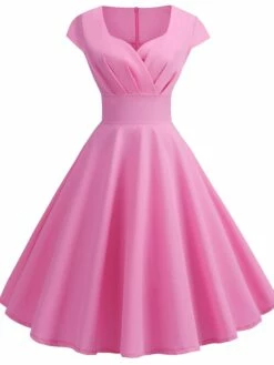 Women's Swing Dress Vintage Tea Dresses Midi Dress Black Yellow Pink Short Sleeve Pure Color Ruched Spring Summer Crew Neck Vintage Daily Weekend Slim S M L XL XXL -LIGHTINTHEBOX Shop xdtjka1664533527823