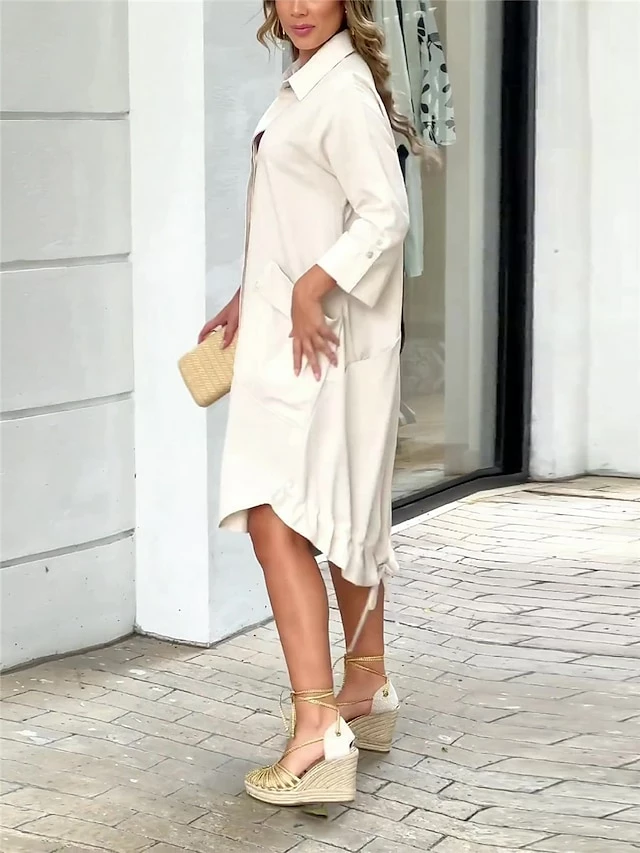 Women's Shirt Dress Casual Dress Shift Dress Midi Dress Outdoor Office Business Polyester Basic Modern Shirt Collar Button Pocket 3/4 Length Sleeve Summer Spring Fall 2023 Loose Fit White Plain S M L 7 Women's Shirt Dress Casual Dress Shift Dress Midi Dress Outdoor Office Business Polyester Basic Modern Shirt Collar Button Pocket 3/4 Length Sleeve Summer Spring Fall 2023 Loose Fit White Plain S M L - Image 5