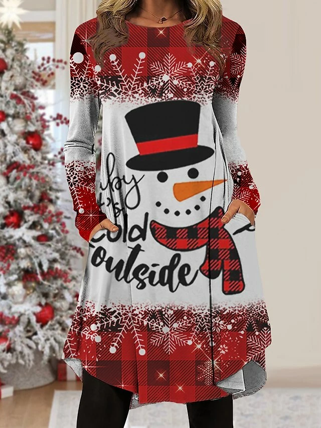 Women's Christmas Work Dress Casual Dress Fashion Winter DressDaily Midi Dress Pocket Print Crew Neck Long Sleeve SnowmanTree Regular Fit Wine Red Navy Blue Fall Winter S M L XL XXL 5 Women's Christmas Work Dress Casual Dress Fashion Winter DressDaily Midi Dress Pocket Print Crew Neck Long Sleeve SnowmanTree Regular Fit Wine Red Navy Blue Fall Winter S M L XL XXL - Image 3