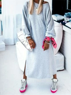 Women's Casual Dress Sweatshirt Dress Winter Dress Long Dress Maxi Dress Split Outdoor Street Daily Active Fashion Crew Neck Long Sleeve 2023 Loose Fit Gray Color S M L XL Size -LIGHTINTHEBOX Shop xekcnl1695292952091