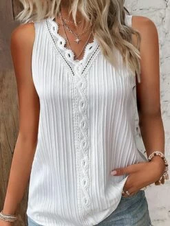 Women's Tank Top White Plain Lace Trims Sleeveless Casual Fashion Basic Elegant V Neck Regular Fit Sleeveless