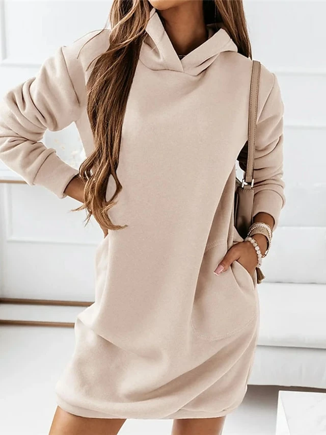 Women‘s Hoodie Dress Winter Dress Knee Length Dress Black Khaki Brown Long Sleeve Fall Solid Color Patchwork Winter Casual Loose S M L XL XXL XXXL 3 Women‘s Hoodie Dress Winter Dress Knee Length Dress Black Khaki Brown Long Sleeve Fall Solid Color Patchwork Winter Casual Loose S M L XL XXL XXXL