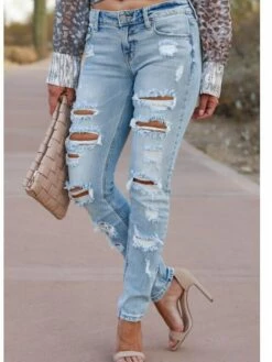 Women‘s Low Rise Jeans Pants Trousers Full Length Denim Pocket Ripped Stretchy Mid Rise Streetwear Casual Going Out Casual Daily Light Color S M