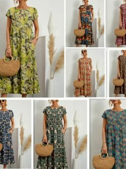 Women's Casual Dress Cotton Linen Dress Swing Dress Midi Dress Linen / Cotton Blend Fashion Casual Outdoor Daily Holiday Crew Neck Pocket Print Short Sleeve Summer Spring 2023 Loose Fit ArmyGreen -LIGHTINTHEBOX Shop xhjubn1692771649271