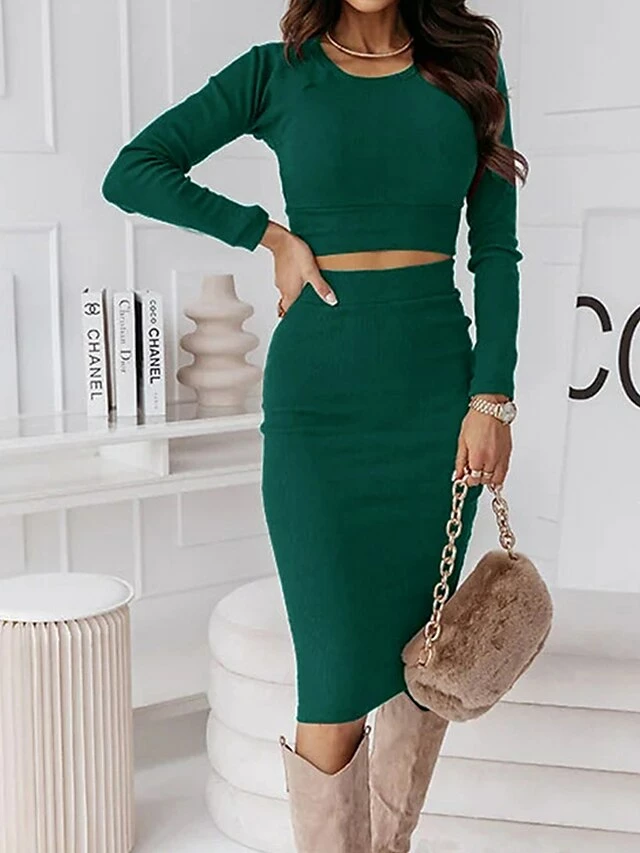 Women's Two Piece Dress Set Casual Dress Skirt Set Outdoor Daily Fashion Sexy Ribbed Midi Dress Crew Neck Long Sleeve Plain Regular Fit Black Wine Green Fall Winter S M L XL 13 Women's Two Piece Dress Set Casual Dress Skirt Set Outdoor Daily Fashion Sexy Ribbed Midi Dress Crew Neck Long Sleeve Plain Regular Fit Black Wine Green Fall Winter S M L XL - Image 11