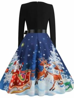 Women's Christmas Casual Dress Swing Dress Midi Dress Blue Purple Royal Blue Light Blue White Long Sleeve Santa Claus Elk Tree Bow Print Winter Fall V Neck Vacation Vintage 2022 S M L XL -LIGHTINTHEBOX Shop xiexxj1666927318595