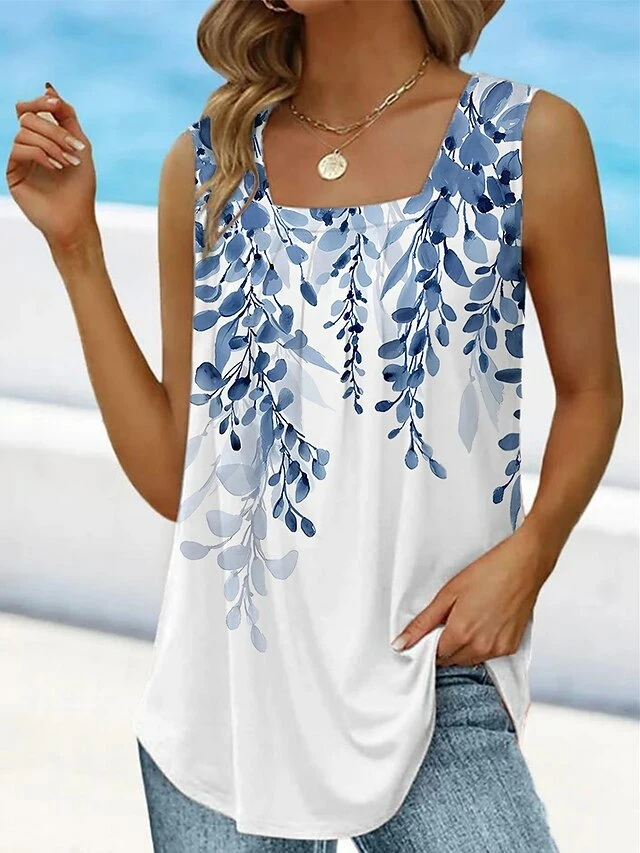 Women's Tank Top White Yellow Light Green Floral Print Sleeveless Casual Holiday Basic Square Neck Regular Fit Floral 7 Women's Tank Top White Yellow Light Green Floral Print Sleeveless Casual Holiday Basic Square Neck Regular Fit Floral - Image 5