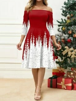 Women's Retro 1950s Vintage Dress Midi Dress Christmas Daily Print Christmas Tree Off Shoulder 3/4 Length Sleeve Slim Spring Fall 2023 Red Blue S M L XL