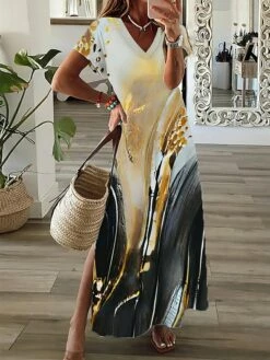 Women's Casual Dress A Line Dress Summer Dress Print Ombre Split Print V Neck Long Dress Maxi Dress Fashion Streetwear Outdoor Daily Short Sleeve Regular Fit Yellow Pink Red Summer Spring S M L XL XXL -LIGHTINTHEBOX Shop xjghad1687336927252