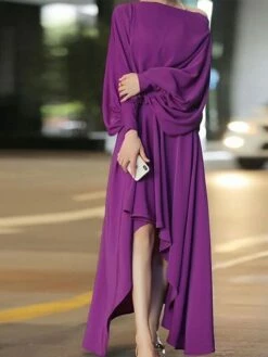 Women's Semi Formal Dress Plain Dress High Low Dress Long Dress Maxi Dress Ruched Asymmetrical Party Date Going Out Elegant Classic Crew Neck Long Sleeve 2023 Loose Fit Yellow Red Purple Color S M L
