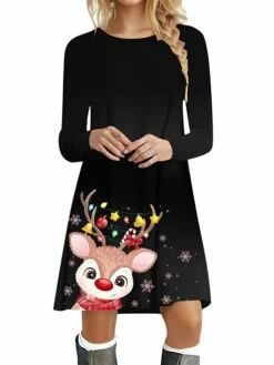 Women's Casual Dress Christmas Dress Sweatshirt Dress Snowflake Ugly Christmas Print Crew Neck Mini Dress Active Fashion Outdoor Christmas Long Sleeve Loose Fit Black Brown Khaki Fall Winter S M L XL