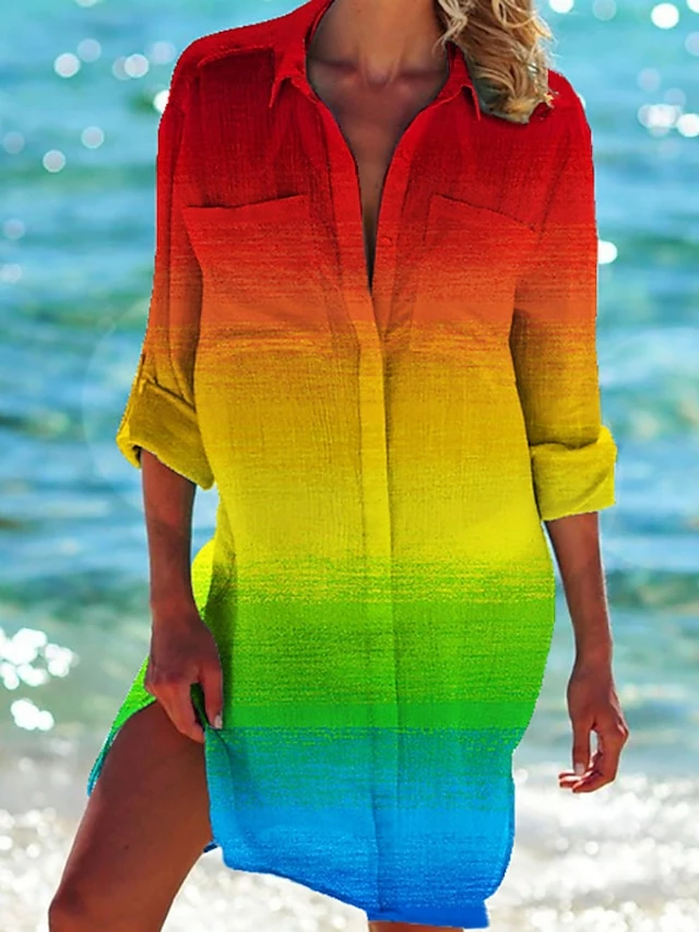 Women's Shirt Dress Casual Dress Shift Dress Mini Dress Daily Holiday Polyester Vacation Hot Shirt Collar Print Long Sleeve Summer Fall Spring 2023 Loose Fit Red Blue Green Rainbow Print 6 Women's Shirt Dress Casual Dress Shift Dress Mini Dress Daily Holiday Polyester Vacation Hot Shirt Collar Print Long Sleeve Summer Fall Spring 2023 Loose Fit Red Blue Green Rainbow Print - Image 4