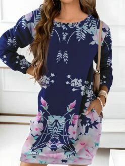 Women's Casual Dress Sweatshirt Dress Mini Dress Warm Fashion Outdoor Vacation Going Out Crew Neck Pocket Print Floral Loose Fit Black Royal Blue Blue S M L XL XXL