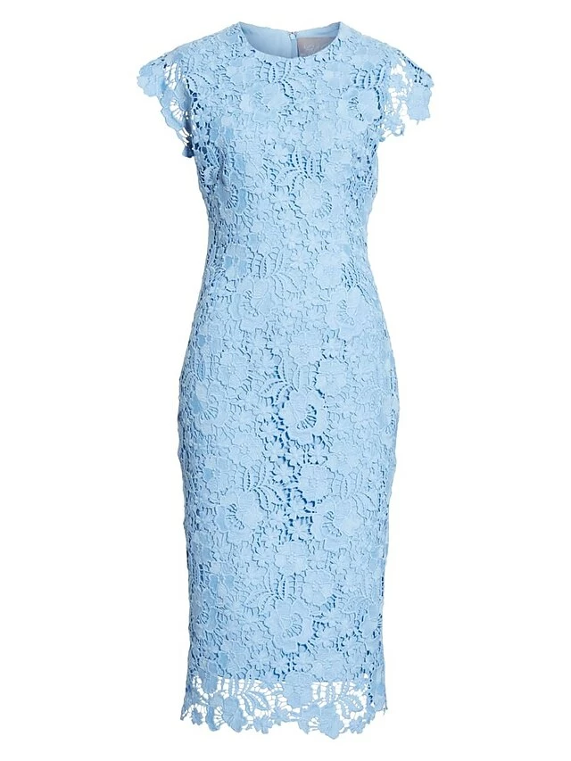 Women‘s Lace Dress Sheath Dress Midi Dress Blue Short Sleeve Solid Color Lace Spring Summer Round Neck Classic & Timeless Party 2023 S M L XL 5 Women‘s Lace Dress Sheath Dress Midi Dress Blue Short Sleeve Solid Color Lace Spring Summer Round Neck Classic & Timeless Party 2023 S M L XL - Image 3