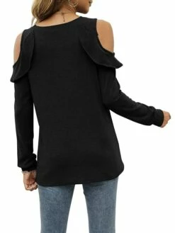 Shirt Blouse Women's Black Red Blue Solid / Plain Color Ruffle Cut Out Daily Fashion Round Neck Regular Fit S -LIGHTINTHEBOX Shop xloxpe1697799039574