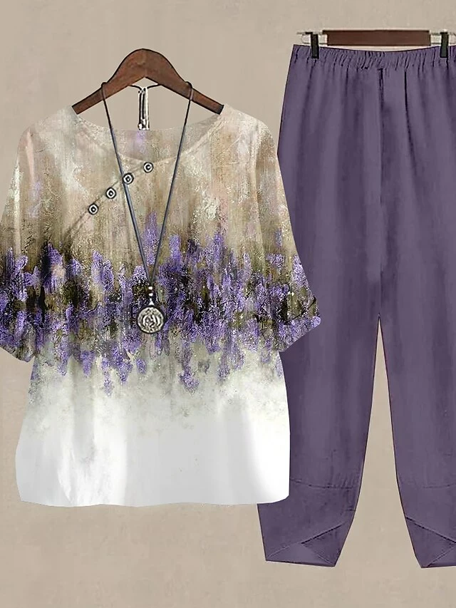 Women's Shirt Pants Sets Pink Purple Green Graphic Print Holiday Weekend Daily Basic Round Neck Regular Fit Fall & Winter 4 Women's Shirt Pants Sets Pink Purple Green Graphic Print Holiday Weekend Daily Basic Round Neck Regular Fit Fall & Winter - Image 2