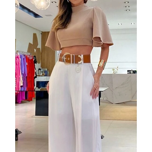 Women's Crop Top Pants Sets Black White Khaki Solid Color Short Sleeve Casual Daily Fashion Round Neck Regular Fit Spring & Summer 5 Women's Crop Top Pants Sets Black White Khaki Solid Color Short Sleeve Casual Daily Fashion Round Neck Regular Fit Spring & Summer - Image 3