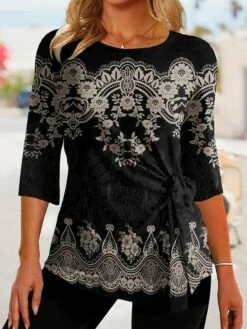 Women's T Shirt Tee Black Pink Blue Floral Print 3/4 Length Sleeve Daily Weekend Daily Basic Round Neck Regular Fit Floral Painting Fall & Winter