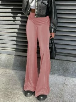 Women's Bootcut Bell Bottom Pants Pink Fall WinterTrousers Full Length Micro-elastic High Waist Fashion Streetwear Party Street Wine Depression Green S M