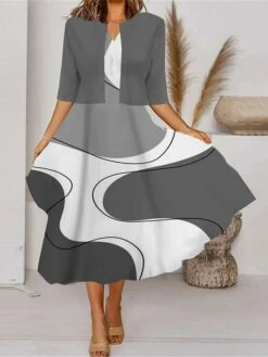 Women's Two Piece Dress Set Casual Dress Tank Dress Outdoor Daily Fashion Streetwear Pocket Print Midi Dress V Neck 3/4 Length Sleeve Geometric Color Block Regular Fit Black White Blue Spring Fall S -LIGHTINTHEBOX Shop xnogqc1690857630575