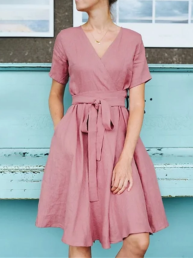 Women's Casual Dress Cotton Linen Dress Swing Dress Mini Dress Cotton Blend Fashion Basic Outdoor Daily V Neck Pocket Tie Belt Short Sleeve Summer Spring 2023 Regular Fit ArmyGreen Pink Blue Pure 3 Women's Casual Dress Cotton Linen Dress Swing Dress Mini Dress Cotton Blend Fashion Basic Outdoor Daily V Neck Pocket Tie Belt Short Sleeve Summer Spring 2023 Regular Fit ArmyGreen Pink Blue Pure