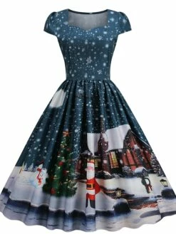 Women's Christmas Swing Dress Vintage DressKnee Length Dress Blue Wine Red Light BlueShort Sleeve Santa Claus Snowman Tree Print Fall Winter Square Neck Vintage Elegant Slim 2022 S M L XL -LIGHTINTHEBOX Shop xnvanv1667889860269