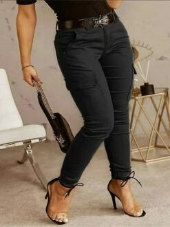 Women's Cargo Pants Slim Pants Trousers Full Length Cotton High Cut High Waist Fashion Streetwear Casual Daily Wear Black Green S M Fall & Winter