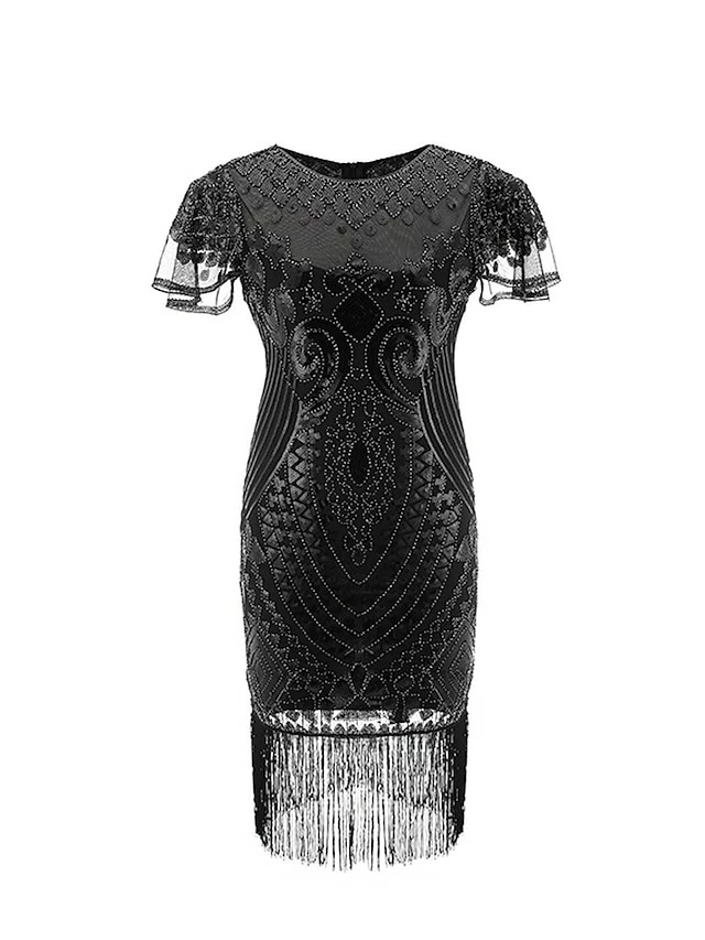 Women's Retro 1920s Fringe Dress Midi Dress Party Halloween Sequins Tassel Fringe Floral Crewneck Short Sleeve Regular Fit Spring Fall 2023 Black Gold S M L XL 4 Women's Retro 1920s Fringe Dress Midi Dress Party Halloween Sequins Tassel Fringe Floral Crewneck Short Sleeve Regular Fit Spring Fall 2023 Black Gold S M L XL - Image 2