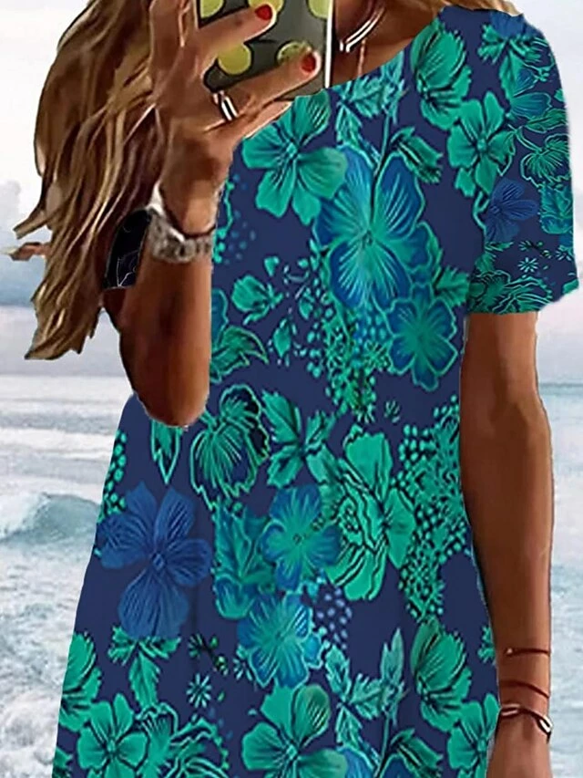 Women's T Shirt Dress Casual Dress Summer Dress Graphic Floral Print Crew Neck Mini Dress Fashion Modern Daily Holiday Short Sleeve Regular Fit Blue Summer Spring S M L XL XXL 4 Women's T Shirt Dress Casual Dress Summer Dress Graphic Floral Print Crew Neck Mini Dress Fashion Modern Daily Holiday Short Sleeve Regular Fit Blue Summer Spring S M L XL XXL - Image 2