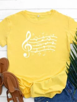 Women's T Shirt Tee 100% Cotton Black White Light Green Music Print Short Sleeve Daily Weekend Basic Round Neck Regular Fit -LIGHTINTHEBOX Shop xowadq1646893740250