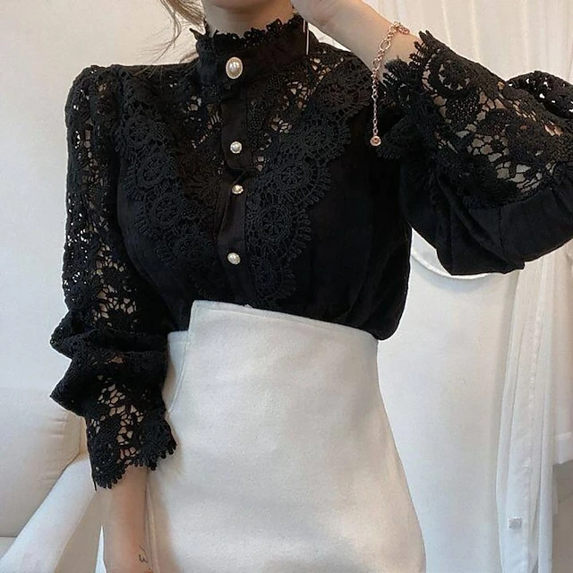 Women's Blouse Black White Apricot Solid Colored Hole Daily Fashion Elegant & Luxurious Elegant Shirt Collar Regular Fit Spring Fall Winter 7 Women's Blouse Black White Apricot Solid Colored Hole Daily Fashion Elegant & Luxurious Elegant Shirt Collar Regular Fit Spring Fall Winter - Image 5