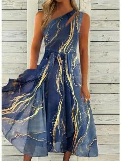 Women's Casual Dress Chiffon Dress Midi Dress Dark Blue Sleeveless Color Block Cold Shoulder Summer Spring One Shoulder Stylish 2023 S M L XL XXL