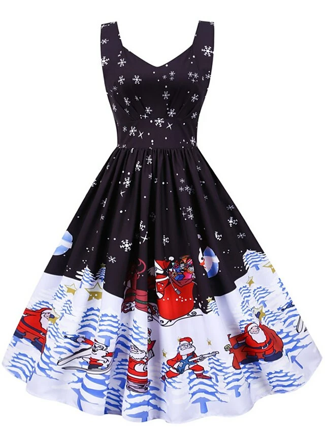 Women's Christmas Knee Length Dress Purple Black Red Navy Blue Light Blue Sleeveless Print Bow Print Fall Winter V Neck Casual Vintage2021 S M L XL XXL 15 Women's Christmas Knee Length Dress Purple Black Red Navy Blue Light Blue Sleeveless Print Bow Print Fall Winter V Neck Casual Vintage2021 S M L XL XXL - Image 13