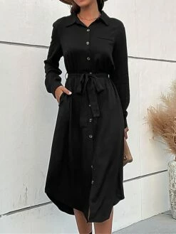 Women's Work Dress Casual Dress Black Dress Fashion Office Daily Workfashion Midi Dress Lace Up Button Shirt Collar Long Sleeve Plain Loose Fit Black Fall Winter S M L XL -LIGHTINTHEBOX Shop xrijde1695105092920